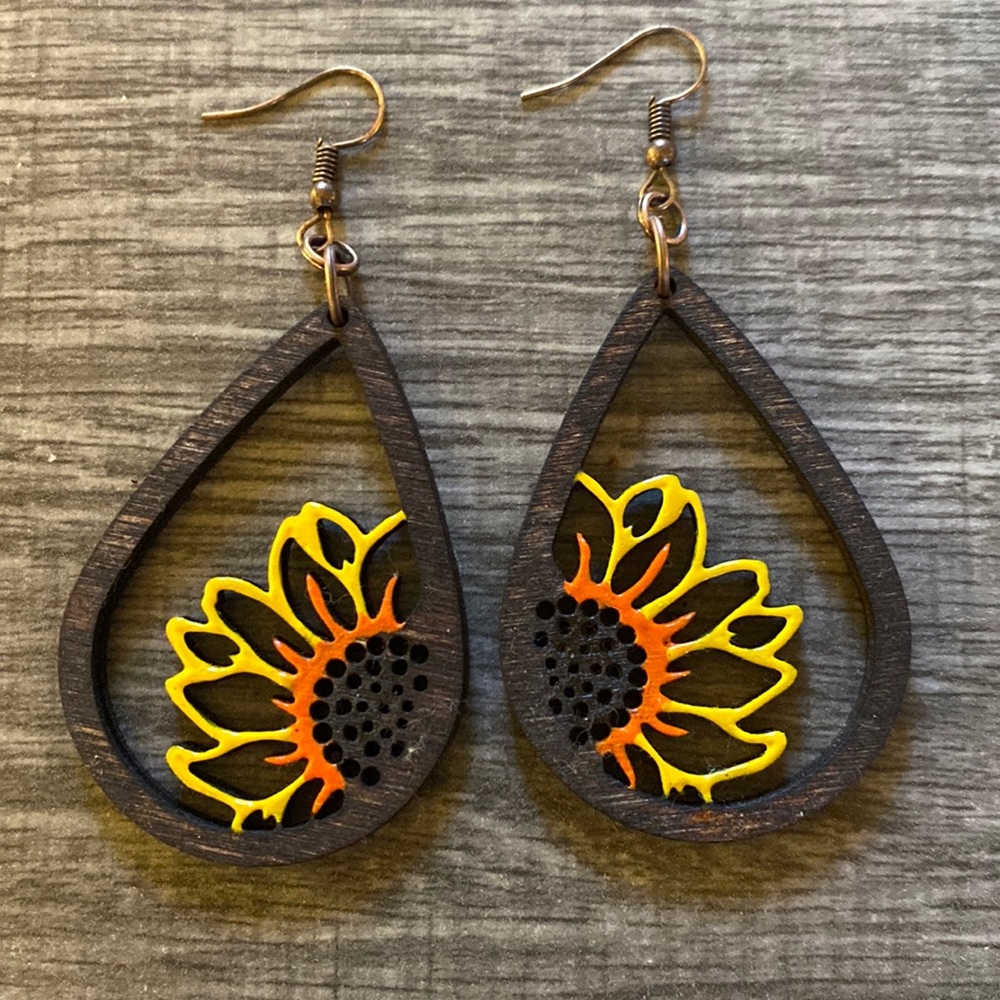 Earrings sunflower made from wood handmade no brand